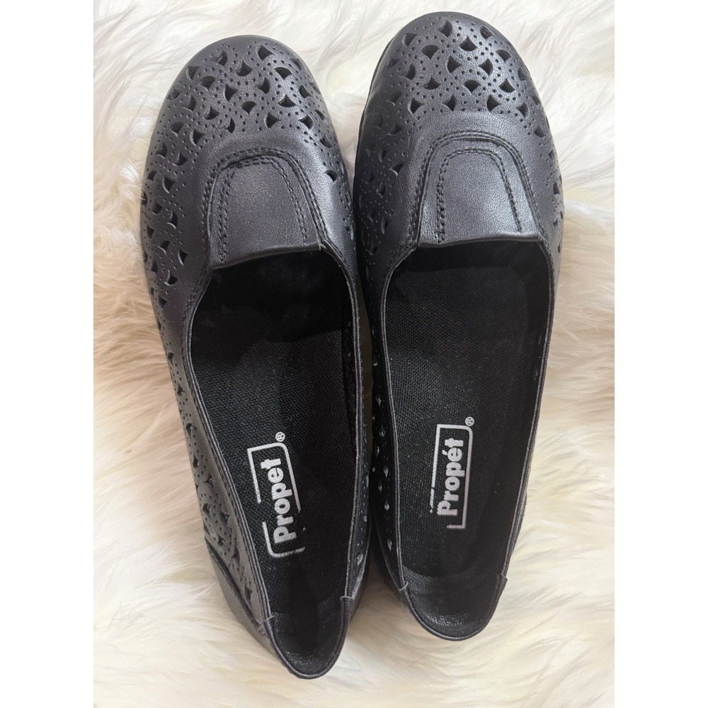 Propet Women's 8.5 Narrow AA Black Leather Slip On Shoes Laser Cut Comfort Flats